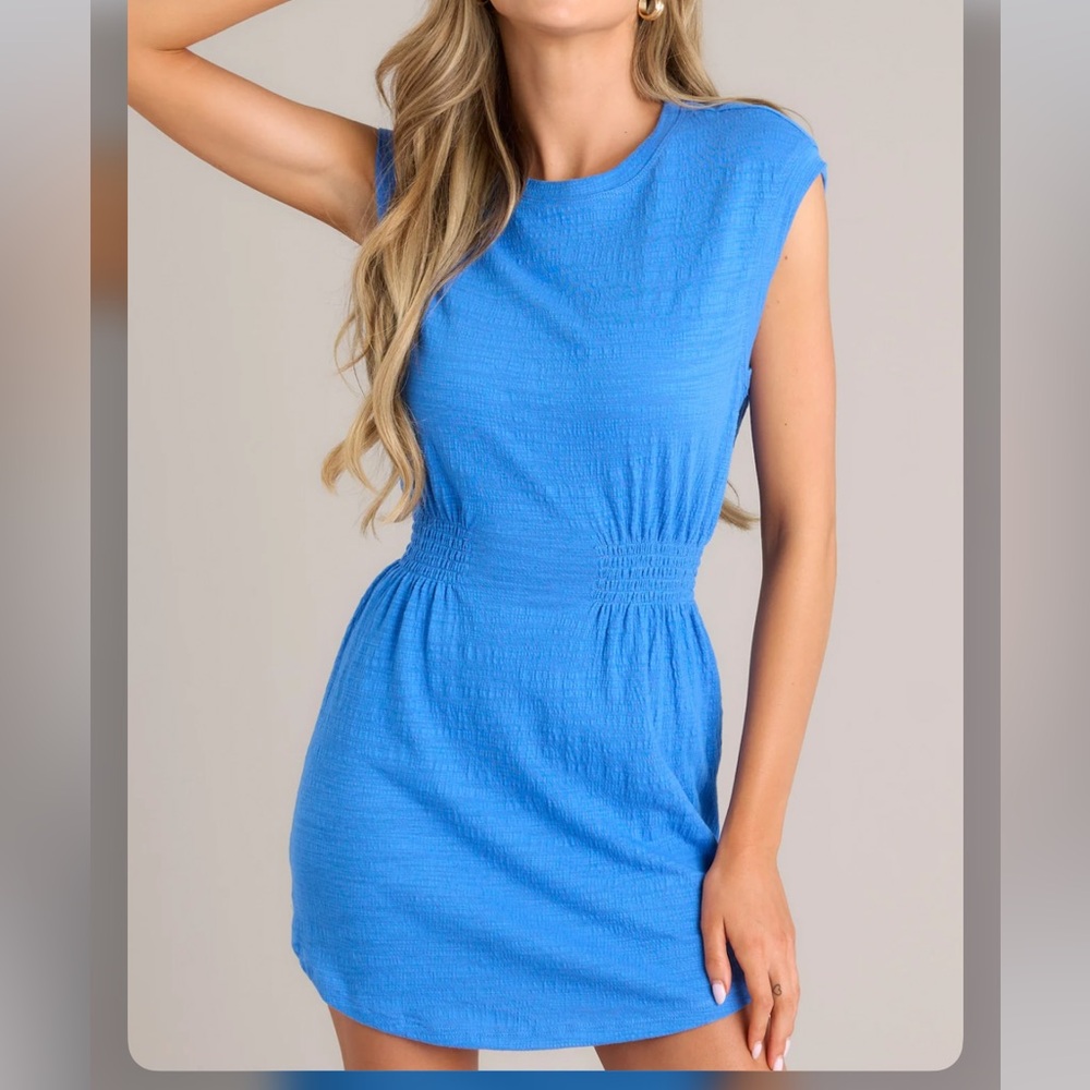 Blue Smocked-Waist Mini Dress